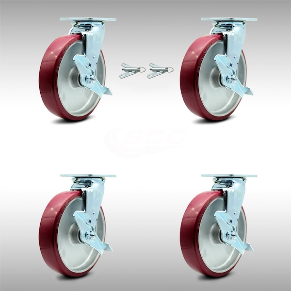 Service Caster 8 Inch SS Poly on Aluminum Caster Set with Roller Bearings 4 Brake 2 Swivel Lock SCC-SS30S820-PAR-TLB-BSL-2-TLB-2 - main